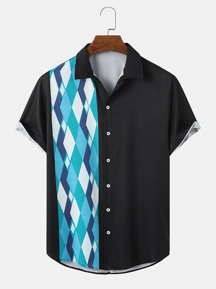 Heren geometrische patchwork revers gebogen zoom korte mouwen casual shirts