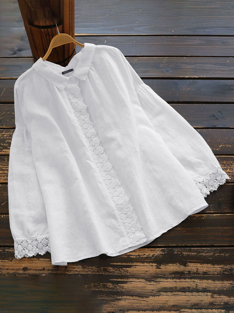 Effen kanten patchwork katoenen blouse met lange mouwen en revers