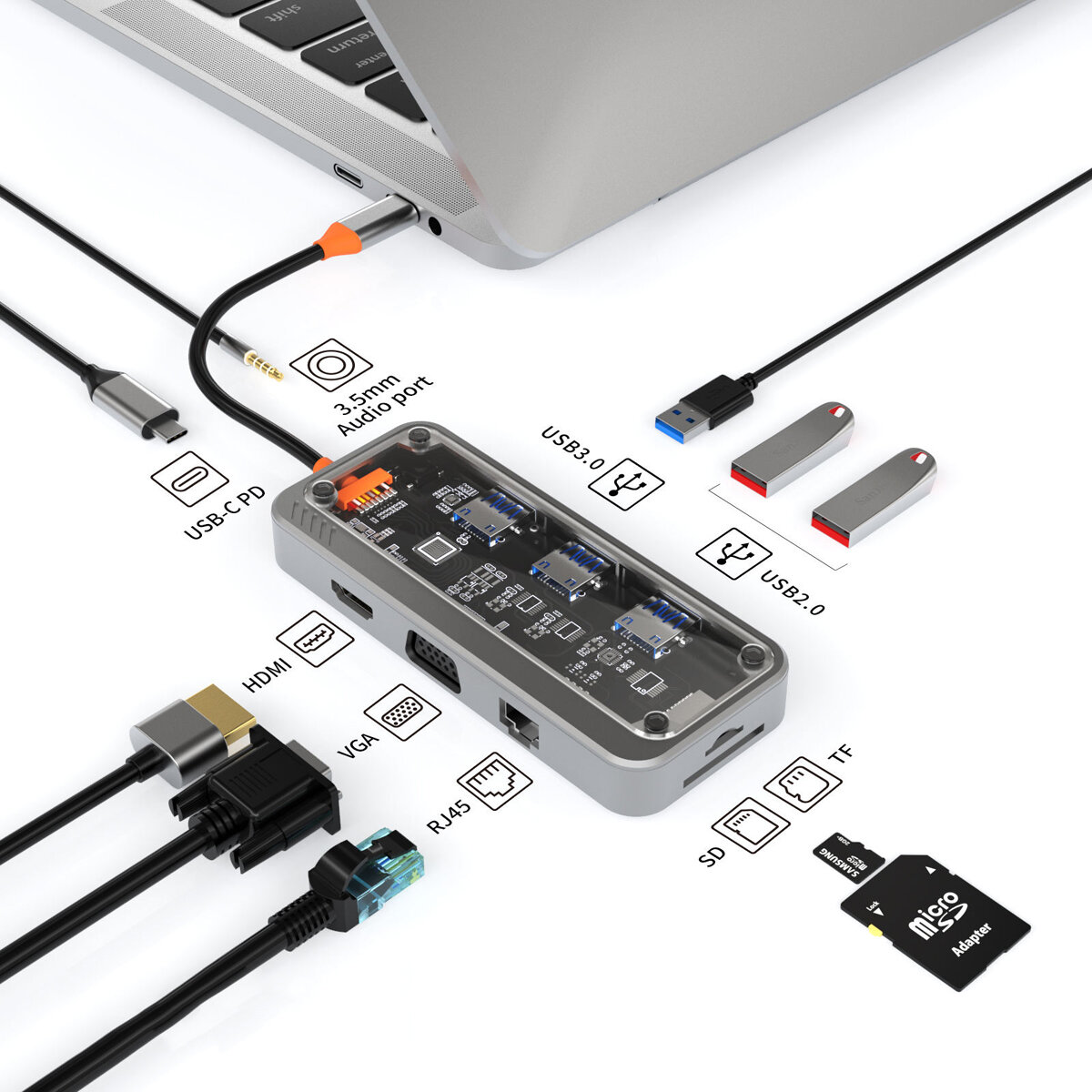 

Basix USB C Hub 10 in 1 Type-C to PD HDMI USB3.0 USB2.0*2 SD TF RJ45 VGA AUDIO3.5mm Audio