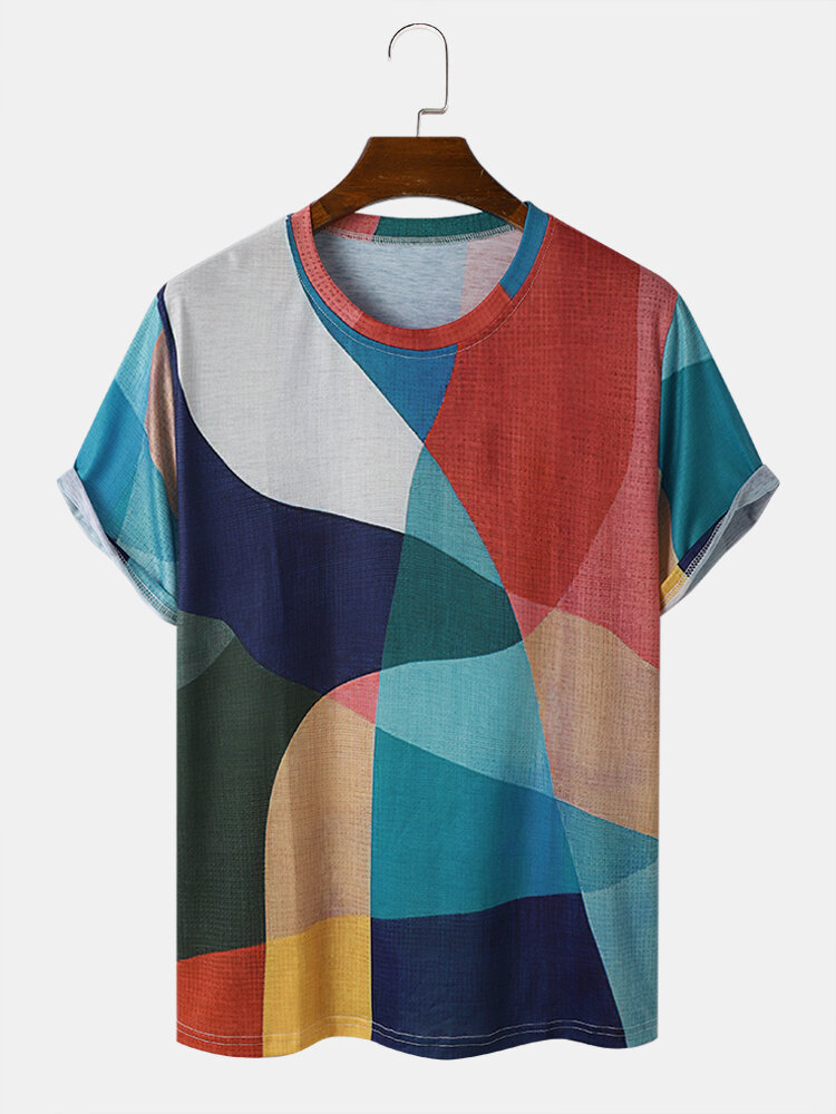 Mannen geometrische kleurblok abstracte print ronde hals Soft ademende T-shirts