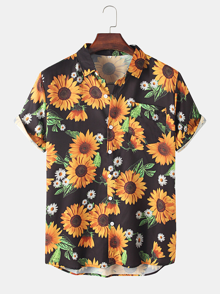 Mens Sunflower & White Daisies Print Lapel Short Sleeve Shirt