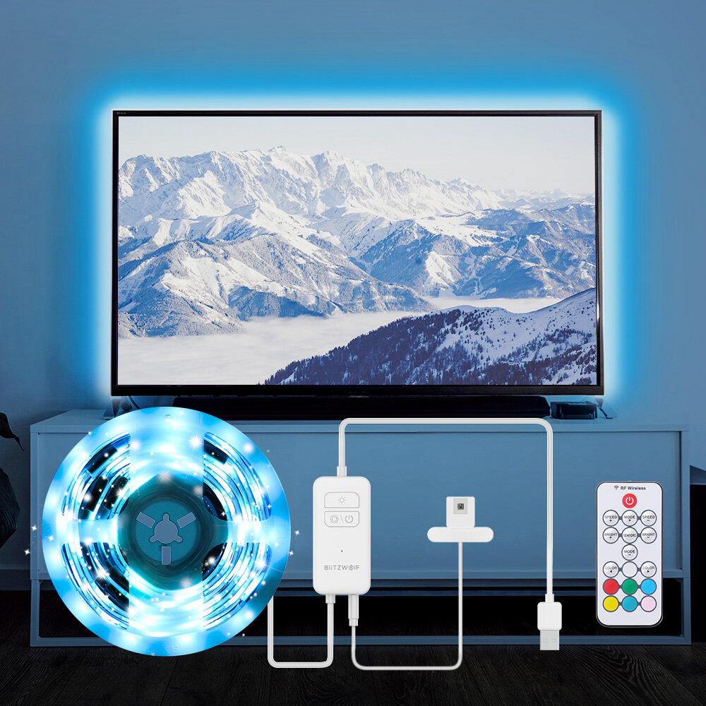 BlitzWolfÂ® BW-LT32 2M USB RGB TV Strip Light Kit Sync met tv-schermkleur 3-zijdige hoes voor tv Levendig RGB-kleurverlichtingseffect en Dubbele eenvoudige bediening Game Light