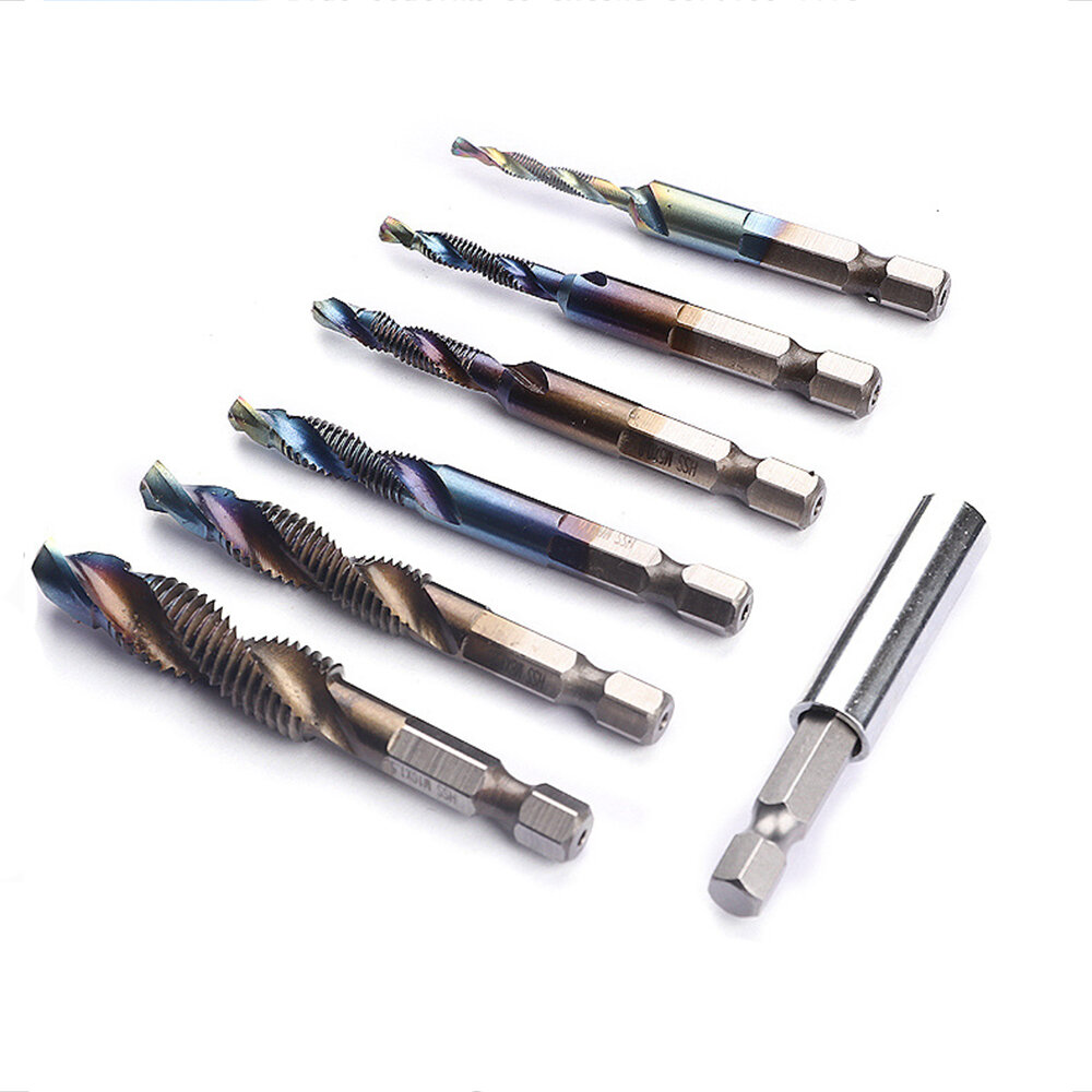 Drillpro 7Pcs M3-M10 6.2mm Hex Shank Blue Coated Screw Thread Metric Compound Tap Drill Bits with Extension Rod