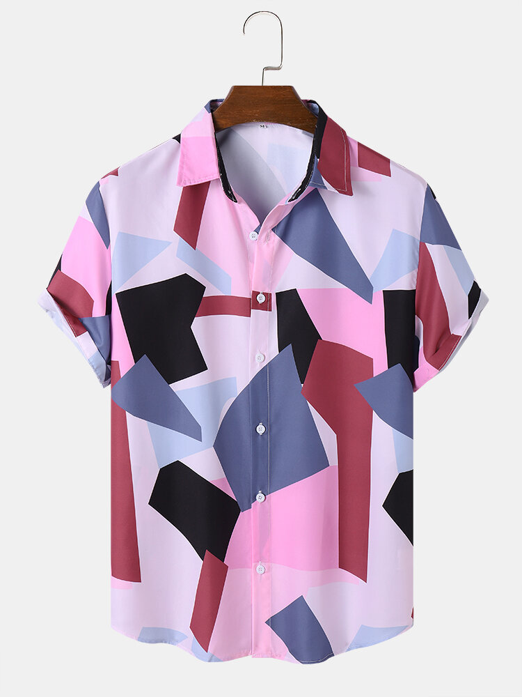 Mens Irregular Color Block Button Front Short Sleeve Shirts