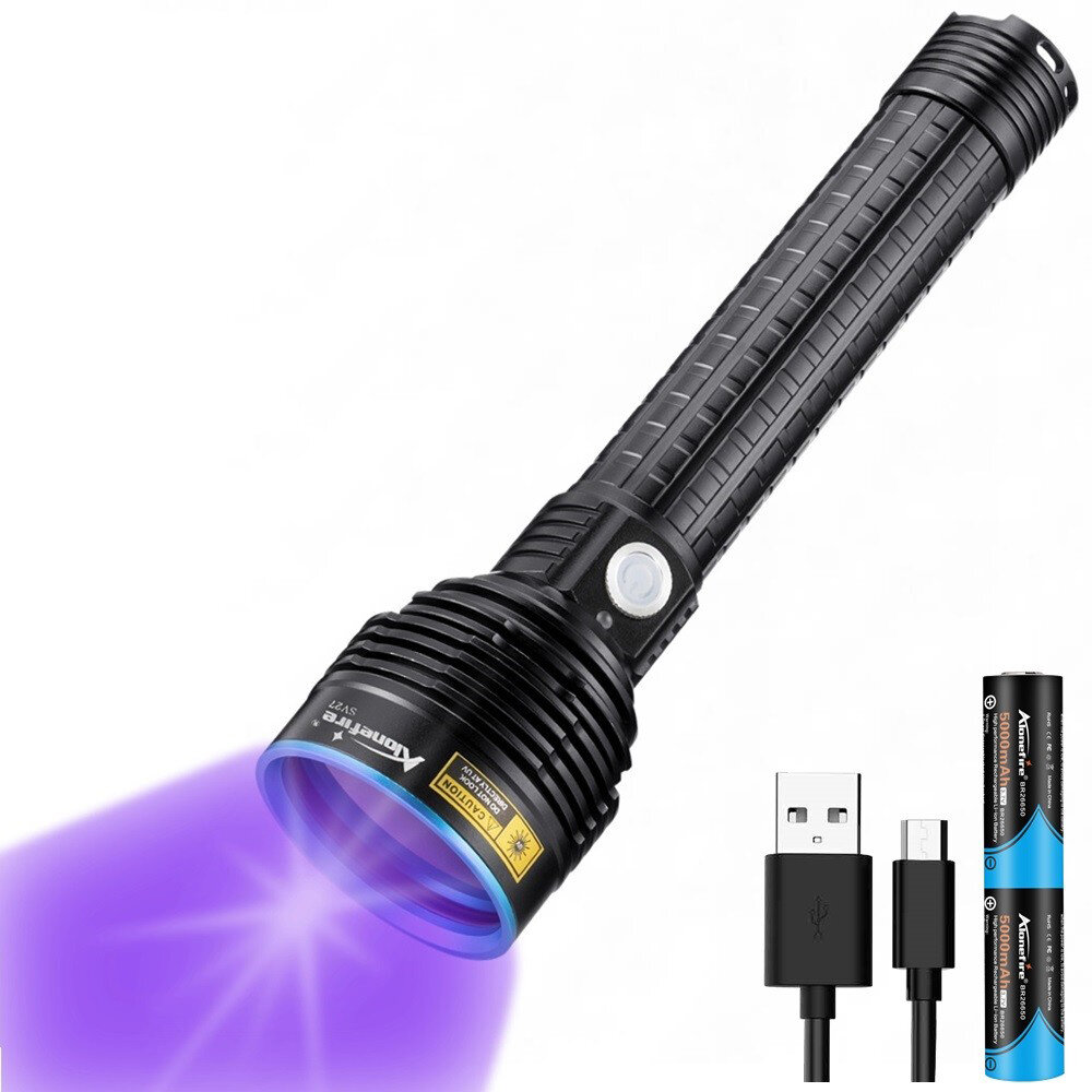 

Alonefire SV27 15 Вт 365 нм сильный UV фонарик Набор с 2 * 6650 Батарея USB-кабель высокой мощности ультрафиолетовый чер
