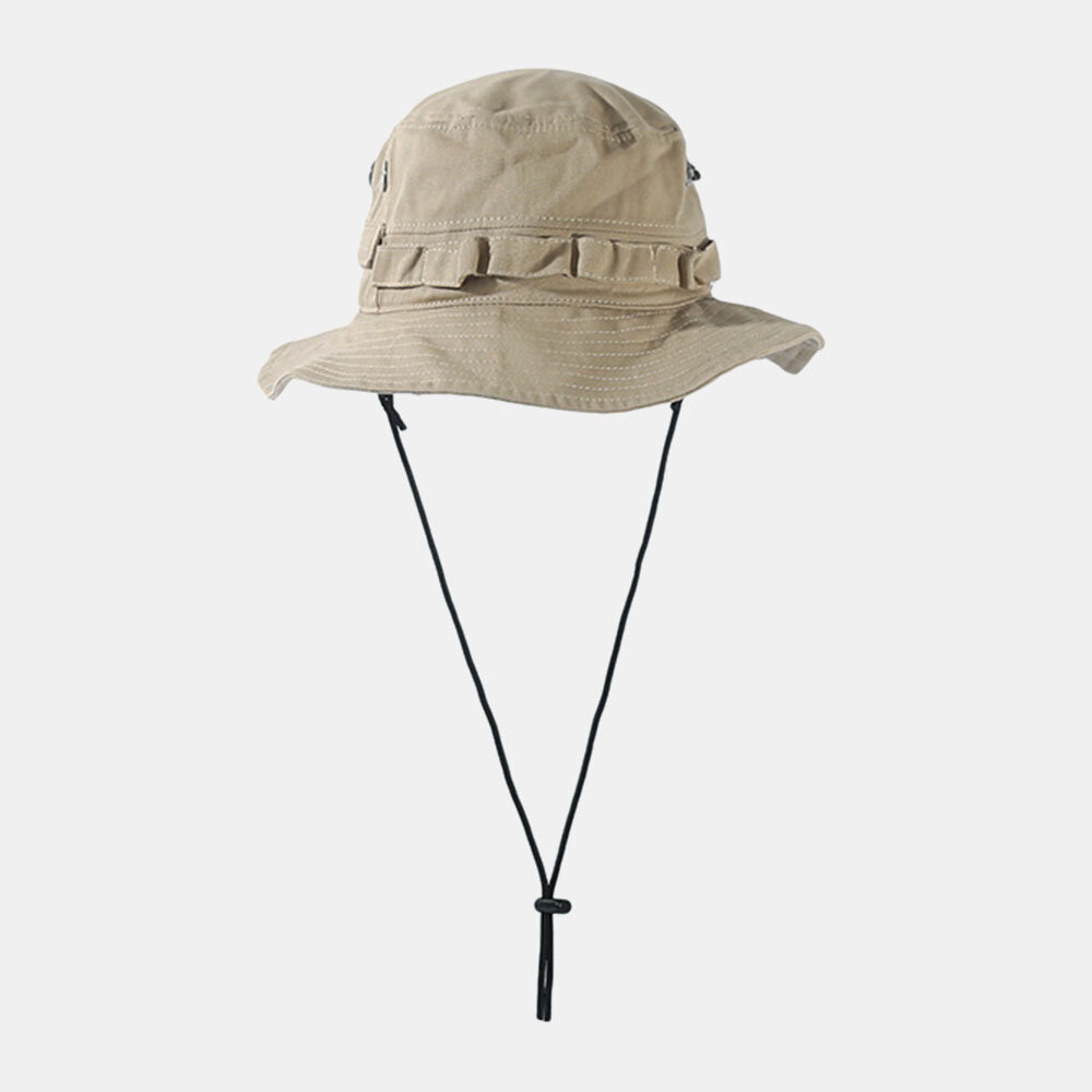 Unisex Cotton Solid Color Adjustable Windproof Rope Sunshade Bucket Hat