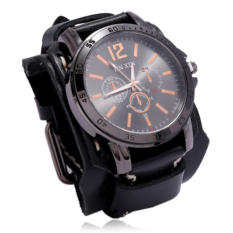 

Deffrun Retro Style Decorative Three Dial Quartz Watch Cowhide Leather Band Men Wrist Watch