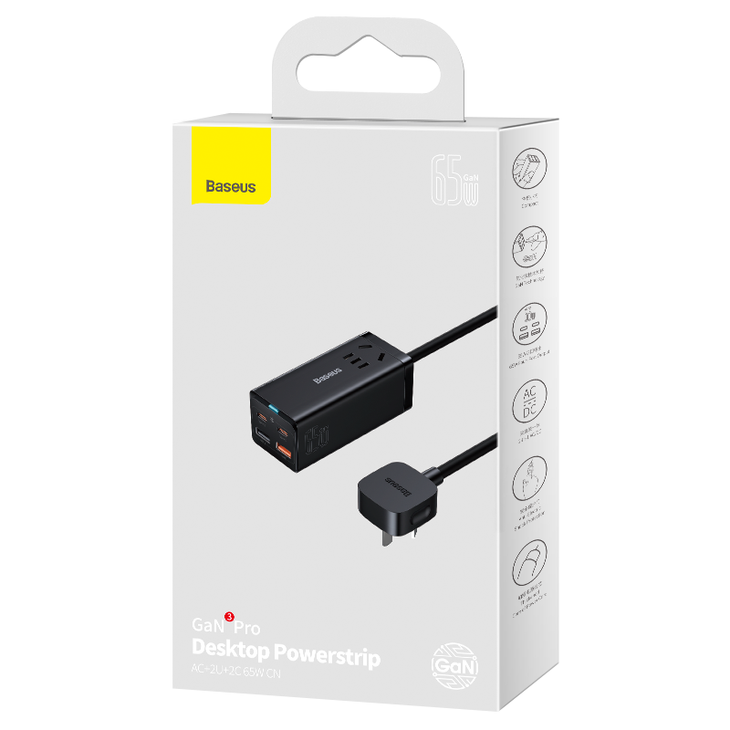 [GaN Tech] Baseus 65W GaN3 ProUSB-C充電器デスクトップ電源タップ（ACソケットポート付き）/ 2 * USB-C / USB QC3.0 / USB-A高速充電壁充電アダプターCN / AUプラグ（100W USB-C-USB-C付き）ケーブル