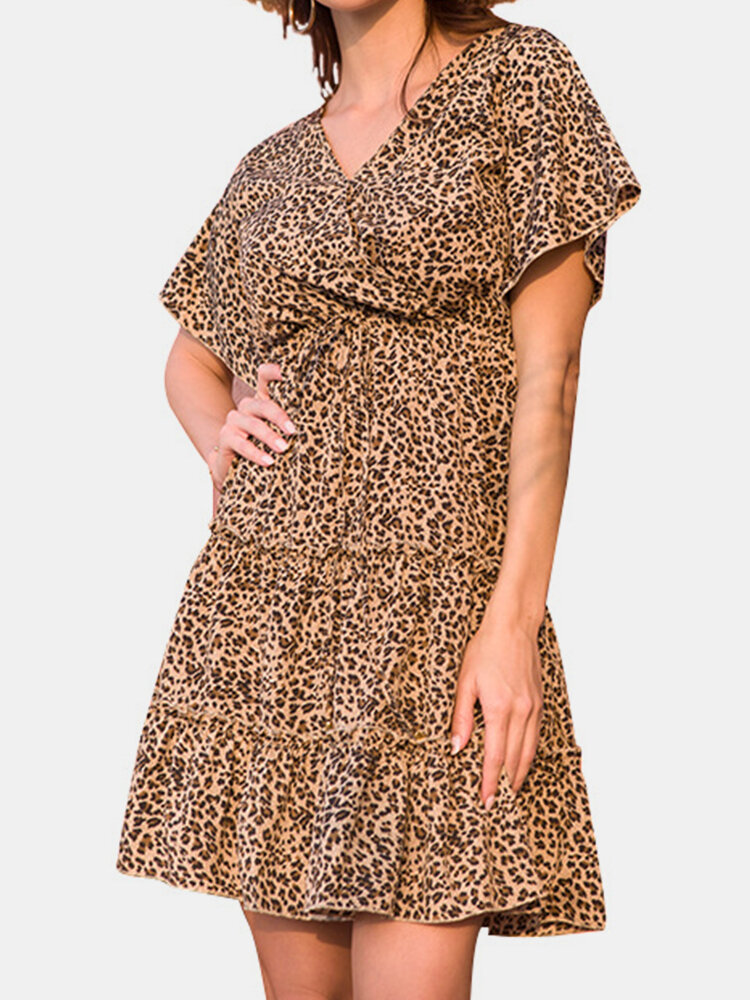 Casual Leopard Print V-neck Short Sleeve Mini Dress