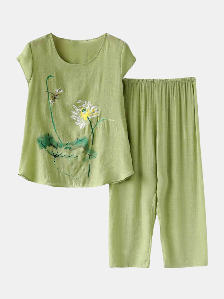 Dames Planten Print Plus Pyjama maat Soft Ademende zomerkleding