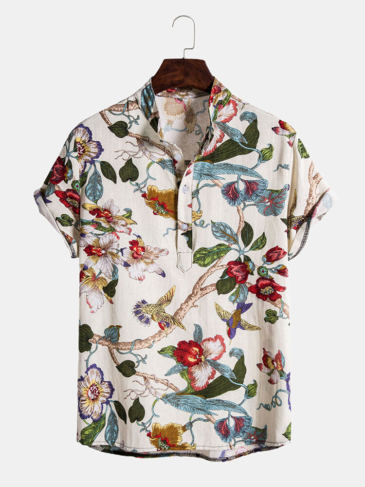 Herenvakantie Classic Bloemen bedrukte casual Henley-shirts met korte mouwen