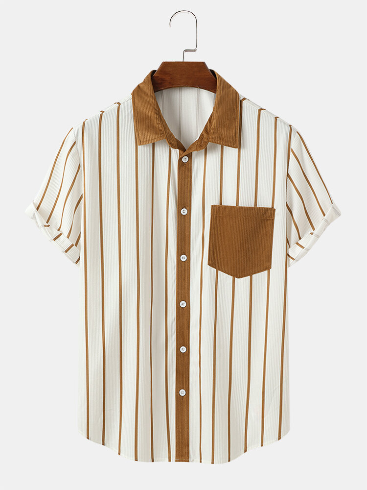 Mens Striped Chest Pocket Button Up Corduroy Short Sleeve Shirts