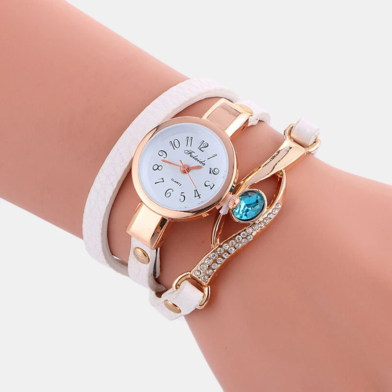 Retro pu strap rhinestone multi-layer lady watch metal blue crystal adjustable wrist watch quartz watch