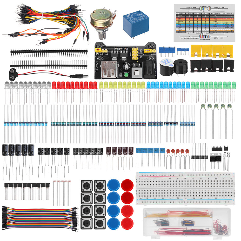 

AOQDQDQD Electronics Component Super Kit with Jumper Wires+Color Led+Resistors+Register Card+Buzzer for Arduino