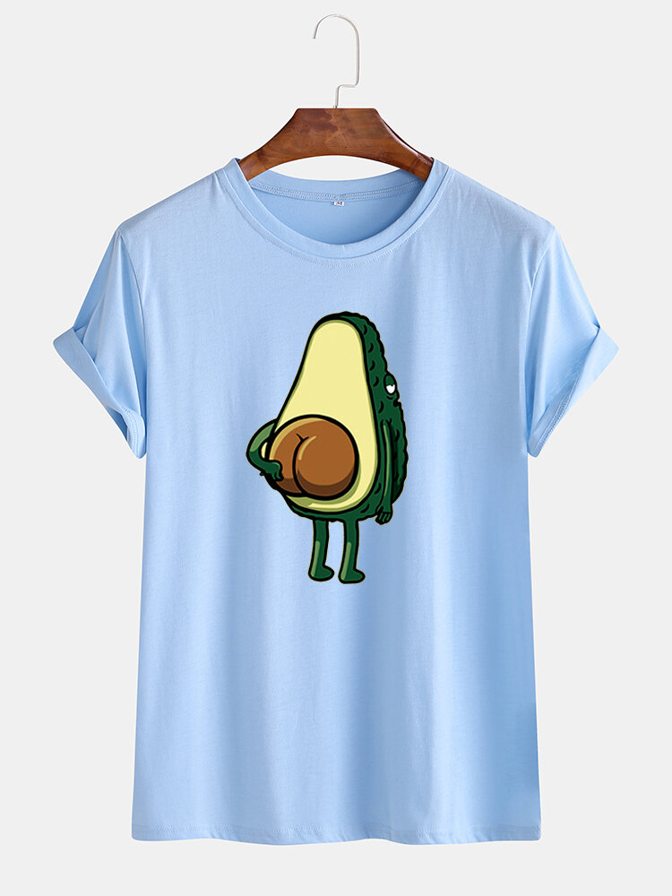 Heren grappige cartoon avocado bedrukte casual o-hals T-shirts met korte mouwen