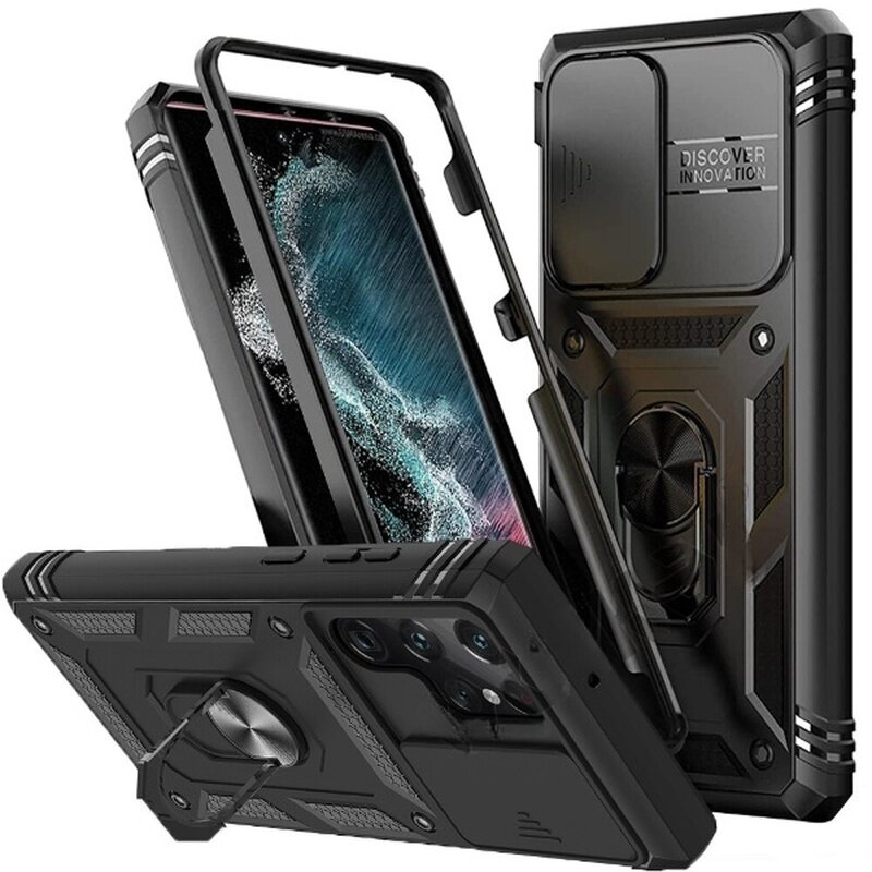 

Multi-layers Shockproof Mobile Phone Case with Metal Patch Ring Holder Hard PC+TPU Protective Case for Samsung Galaxy S2