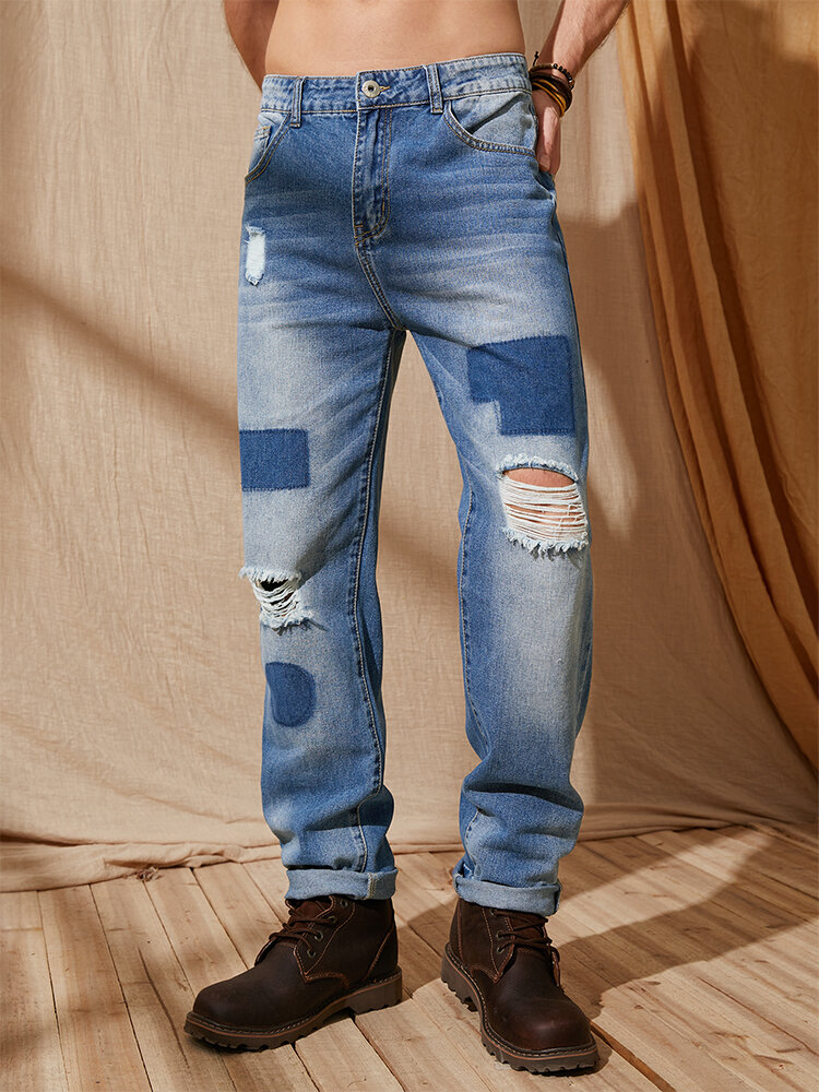 

Men Patched Ripped Zip Fly Long Casual Jeans