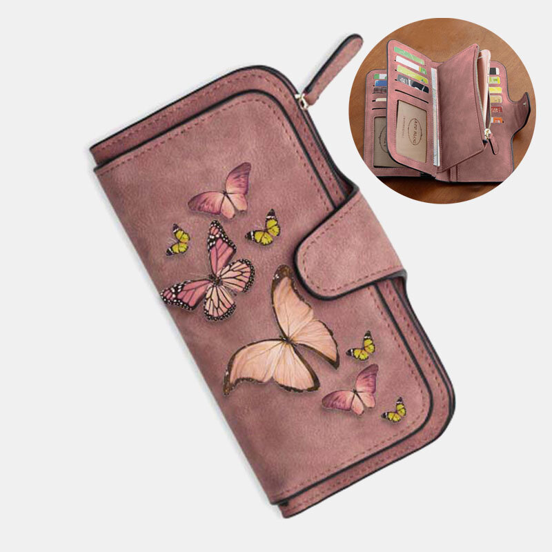 Women Butterfly Four Fold Wallet Purse 14 Card Slot 5.5 Inch Phone Bag