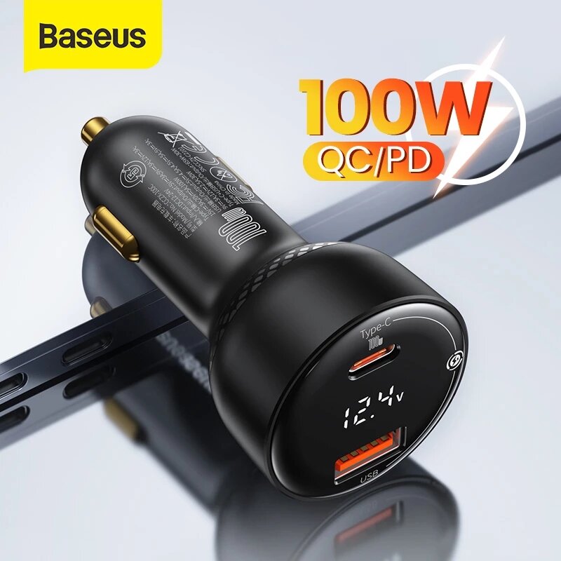

Baseus 100W 2-Port USB PD QC3.0 Car Charger Adapter 100W USB-C PD 30W QC3.0 Support AFC FCP SCP PPS Fast Charging For iP