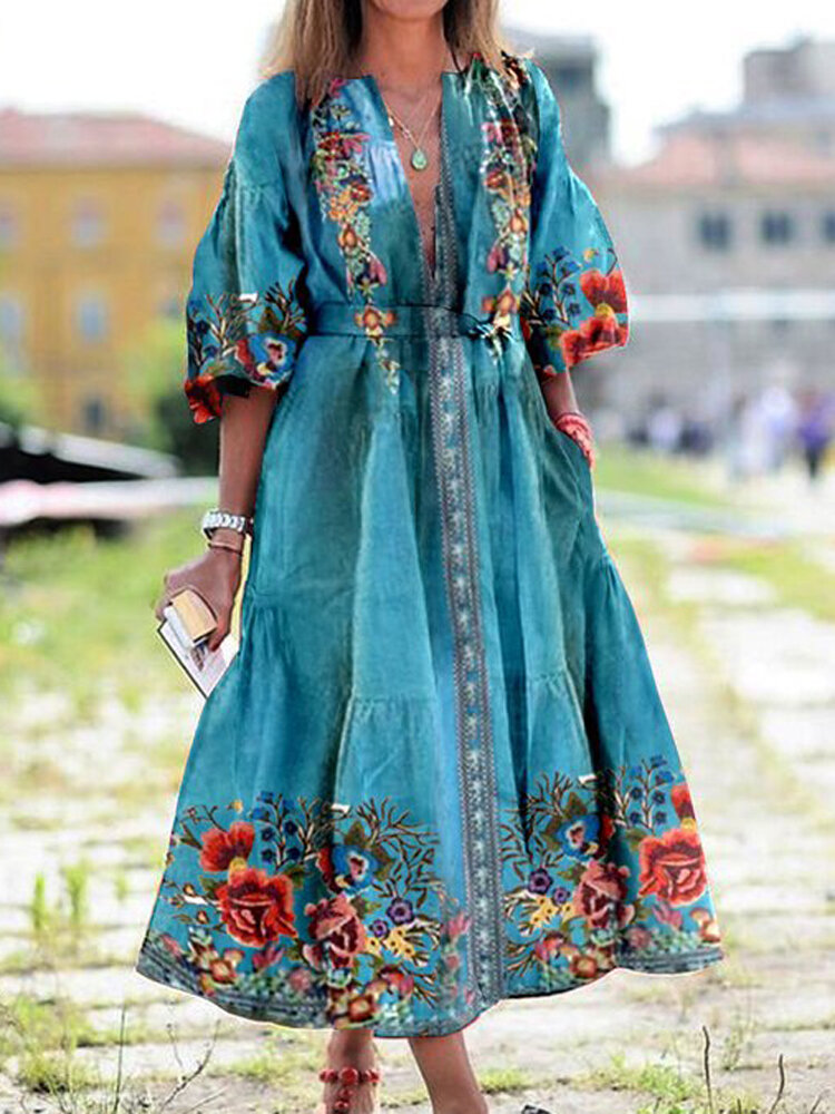 

Women Allover Floral Print Half Sleeve Retro Gypsy Maxi Dresses With Belt