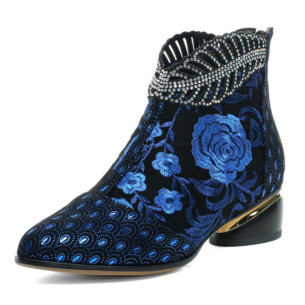 

Women Comfy Soft Leather Embroidered Flowers Rhinestone Chunky Heel Ankle Boots