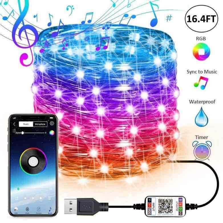 5m/ 10m LED Light String Copper Line USB Bluetooth APP Control RGB Colorful Sync With Music Rhythm