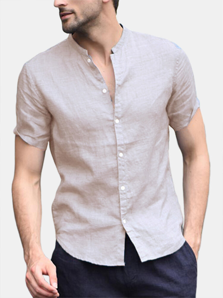 Men Linen Short Sleeve Shirt Beach Loose Soft Casual Collarless Shirt Tops Blouse