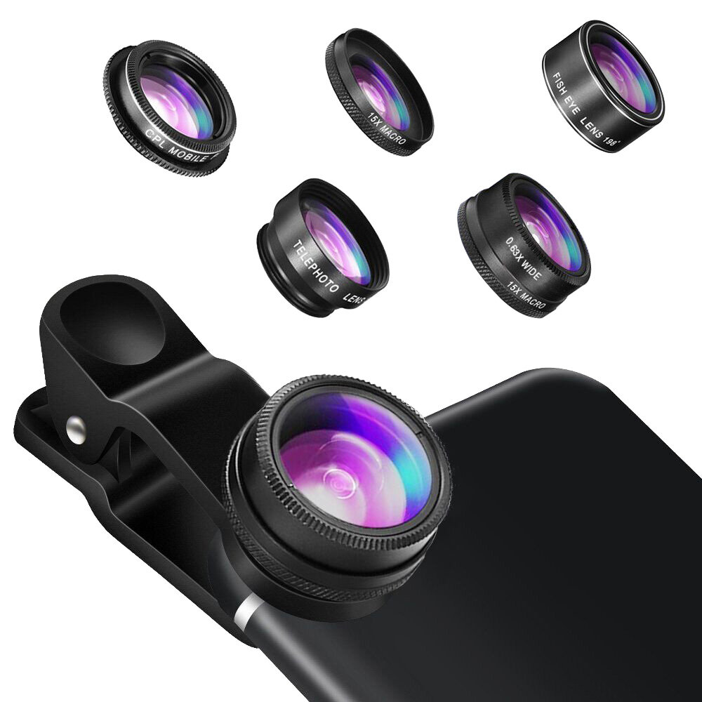 

Hizek 5-IN-1 0.63X Wide Angle Lens + CPL Lens + Telephoto Lens+ 198-degree Fisheye Lens + 15X Macro Lens Phone Camera fo