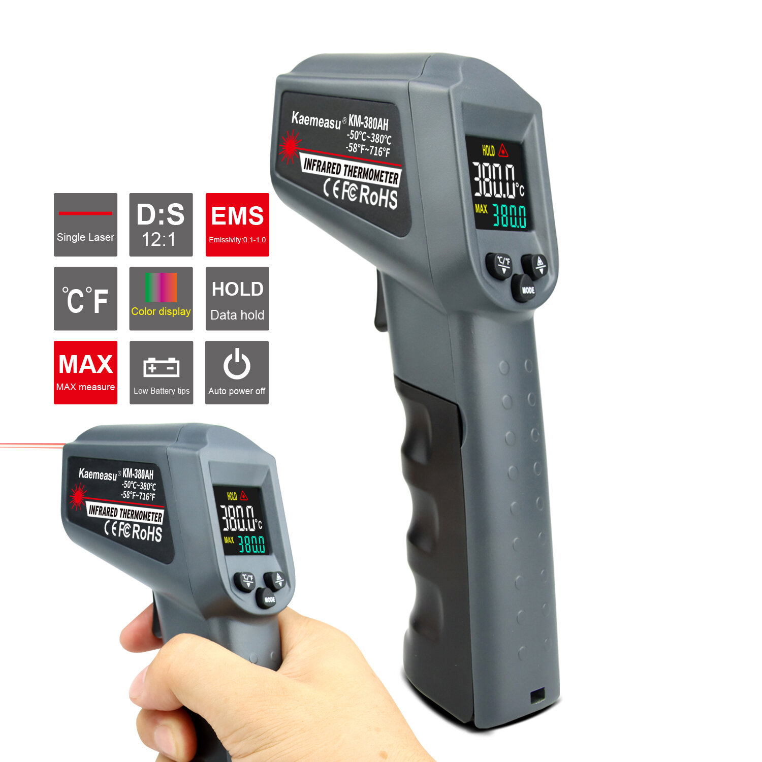 KAEMEASU -50-550/-58-1022 Multifunctional Color Screen Infrared Thermometer Laser Industrial Tempera