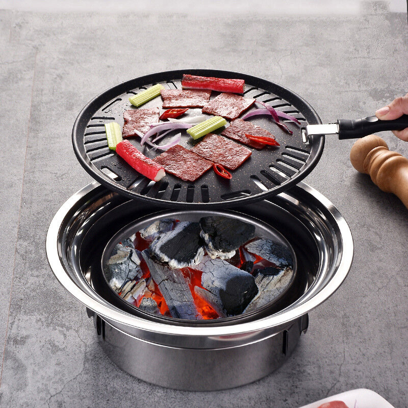 7PCS / Set Griglia per barbecue a carbone coreano in acciaio inossidabile Casa / Esterno campeggio Stufa per barbecue portatile senza fumo