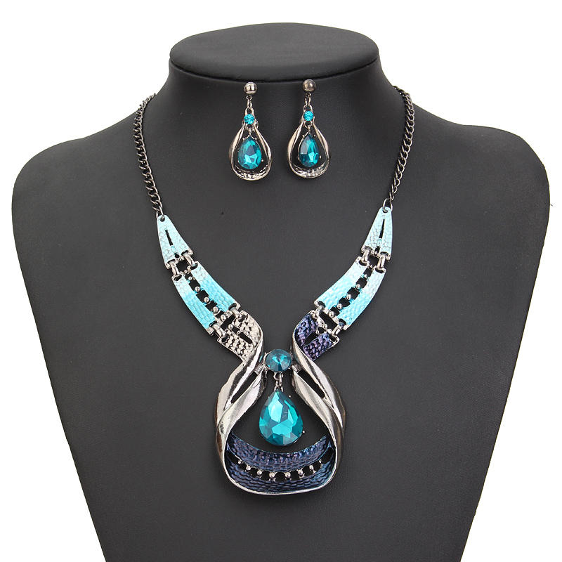 Blue Gems Necklace Crystal Drop Earrings Jewelry Set