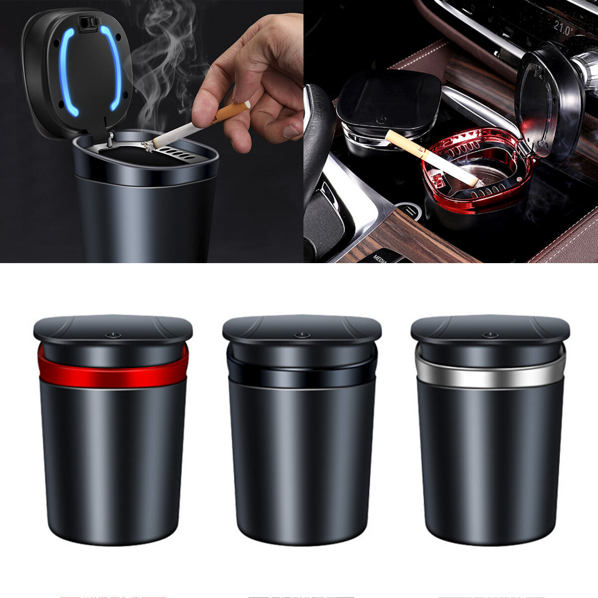 

Portable Car Ashtray With Blue LED Light Automatic Lights Up Smoke Cup Ash Tray
