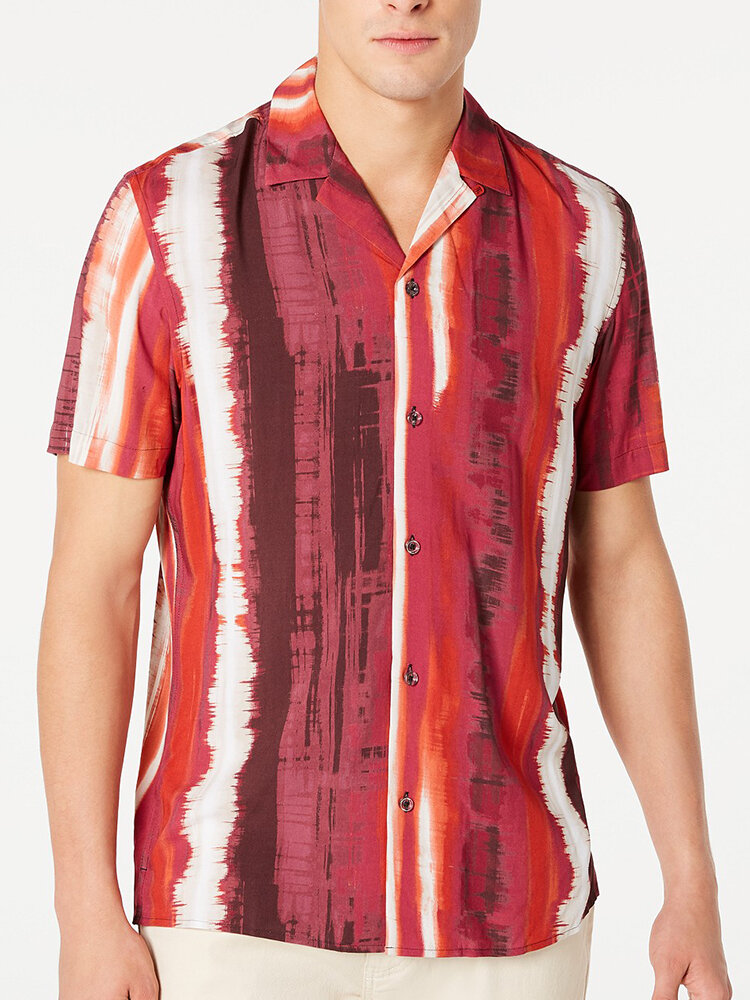 Image of Herren New Fashion Casual Striped Turn Down Kragen Kurzarm Shirts