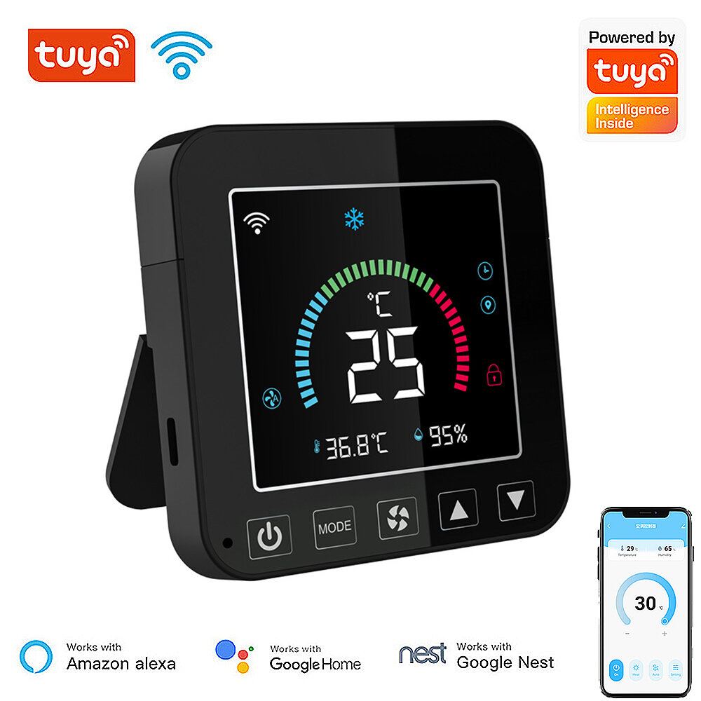 Neo tuya wifi smart theremostat wireless temperature humidity sensor app remote air conditioner controller with lcd color backlight screen work with alexa google assistant