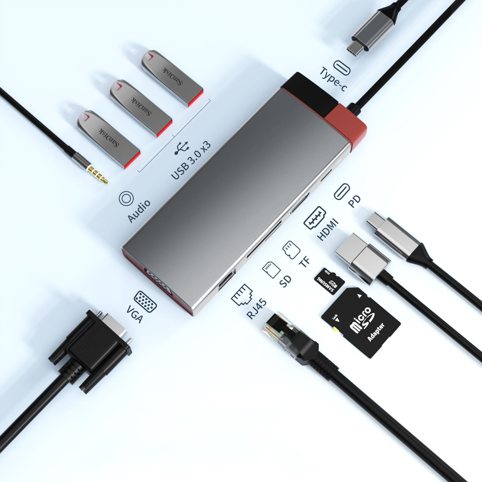 

Basix 10 в 1 USB-концентратор Type-C Док-станция для PD 100 Вт USB3.0 * 3 SD TF RJ45 1000 м VGA 3,5 мм аудио для Macbook