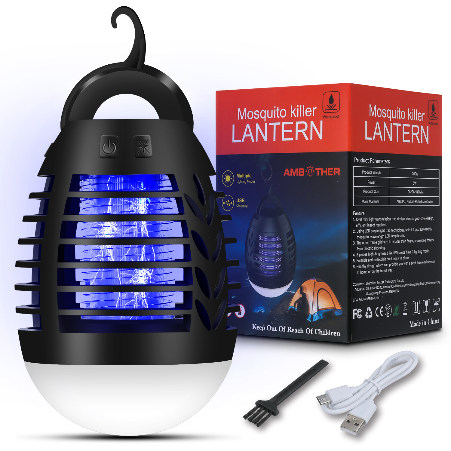 AMBOTHER Tueur de moustiques électrique 5W Lampe à moustiques 3 types de lumières USB rechargeable Étanche IP67 Tueur de moustiques pour l'extérieur et l'intérieur