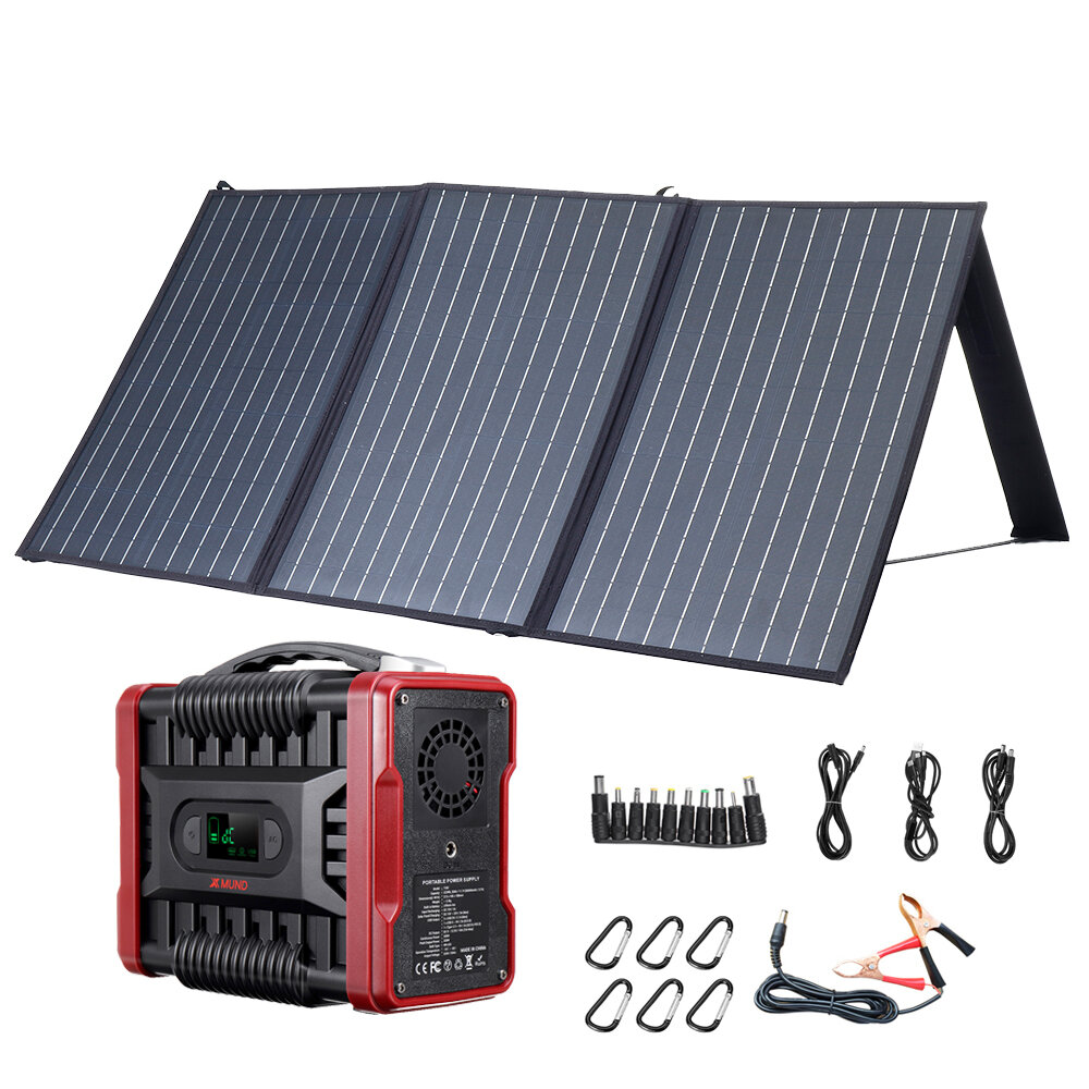 Conjunto de painel solar XMUND 100W 18V com estação de energia 222WH 60000MAH para acampamento ao ar livre e fonte de alimentação de emergência