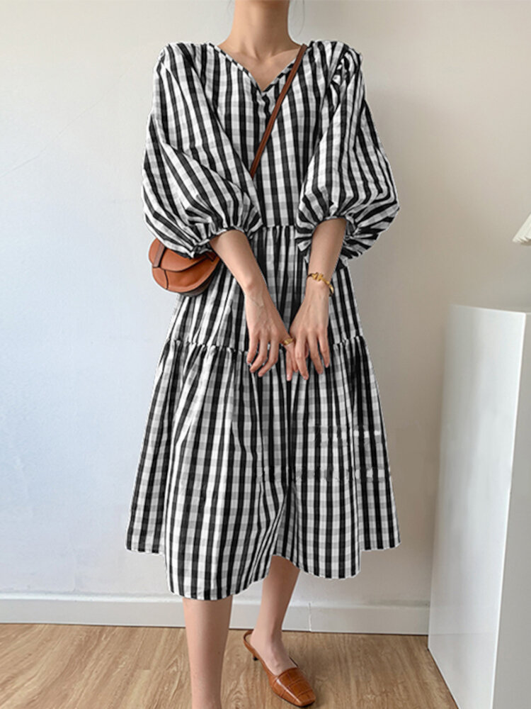 Puff Sleeve Grid Print Stitching V neck Pleats Casual Dress For Women