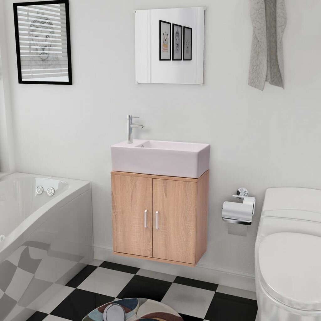 3-delige badkamermeubelset met wastafel beige en spiegel voor kleine badkamer