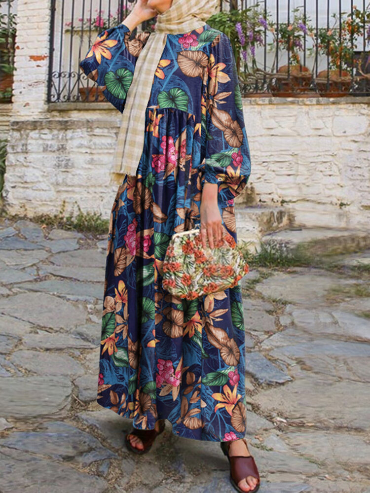 Women Abaya Kaftan Puff Sleeve Floral Bohemian Ankle Length Dress