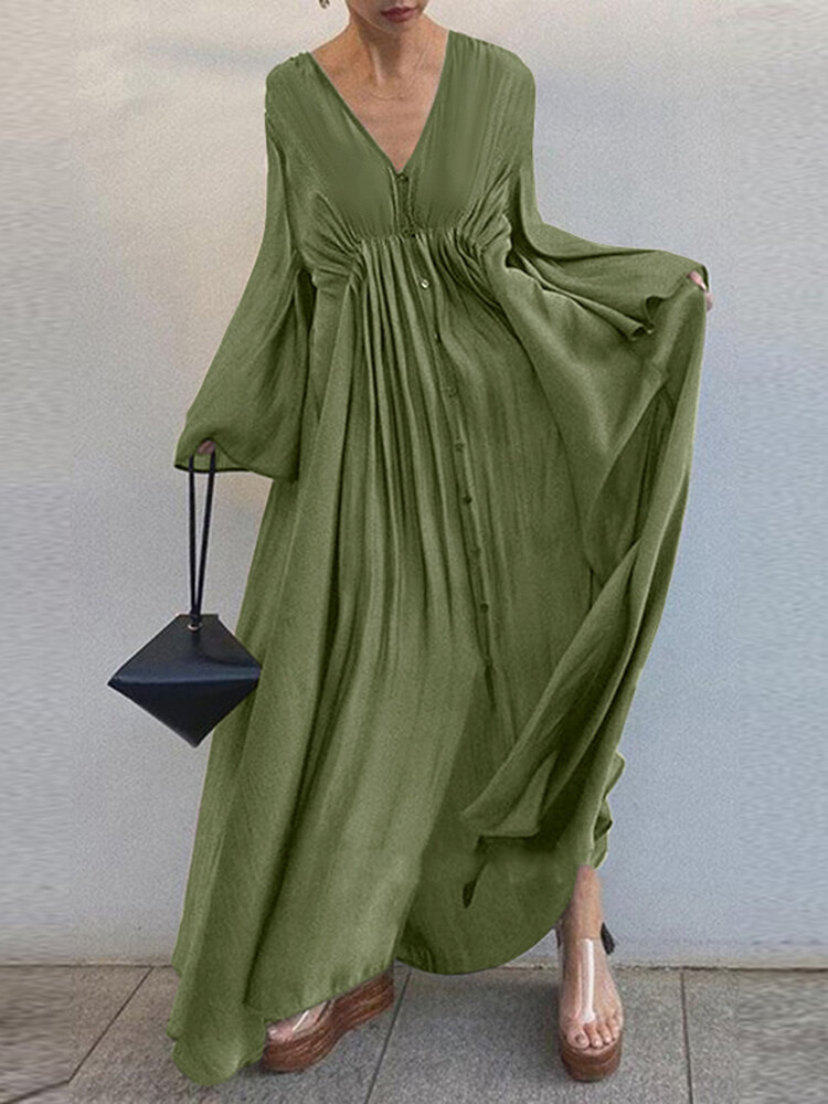 Solid Color V-neck Long Sleeve Big Swing Pleated Button Casual Maxi Dress For Women