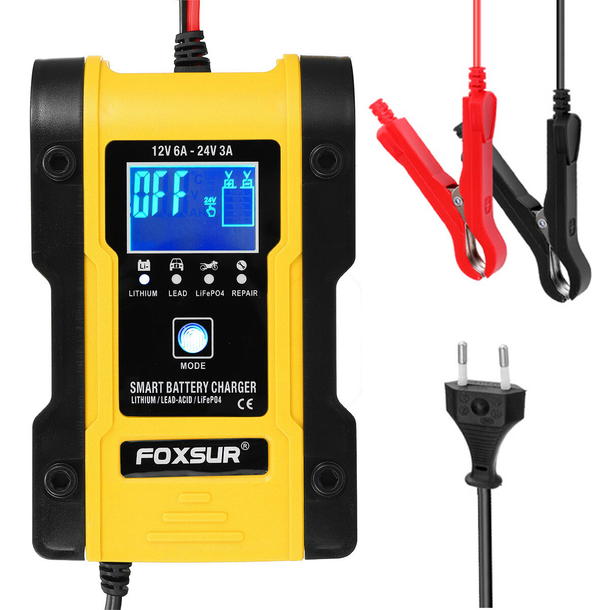 FOXSUR 7-Stages 12V 6A 24V 3A Battery Charger Touch Screen LCD Display Pulse Repair Automatic For Car Motorcycle Electri