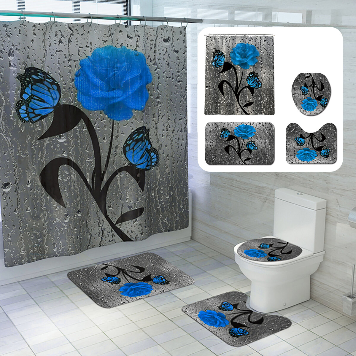 Bathroom Shower Curtain Waterproof Rings Hook Lid Toilet Cover Set 180x180CM
