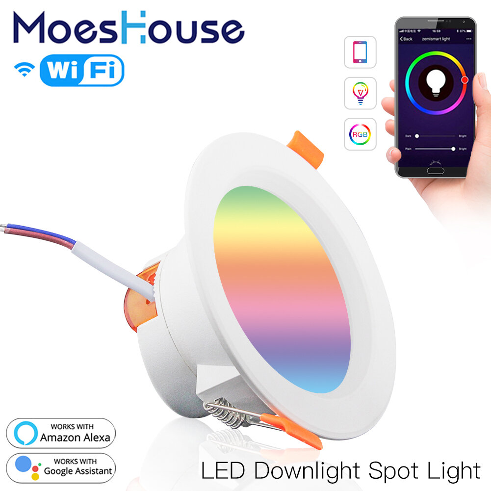 

MoesHouse WiFi Smart LED Даунлайт 7 Вт RGB + CW + WW затемняющий круглый точечный светильник Работа с Alexa Google Home