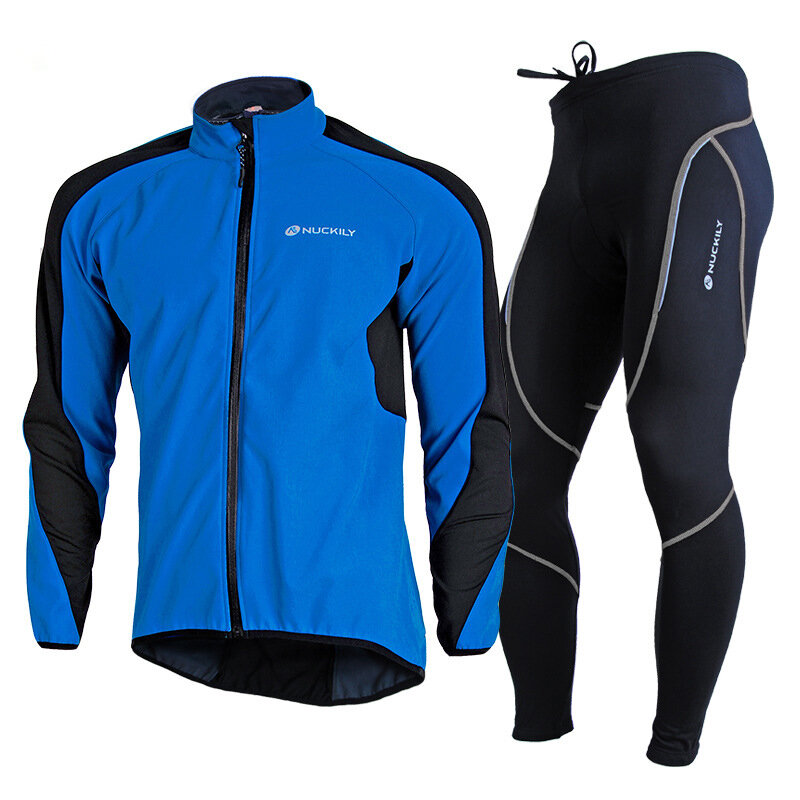 Felizmente, a roupa de ciclismo masculina da NUCKILY é à prova d'água, à prova de vento, com jaqueta térmica de fleece e calças justas de ciclismo com gel.