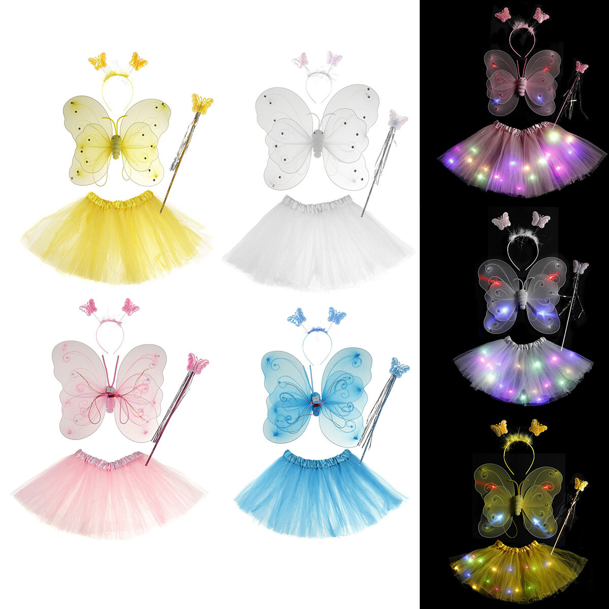 4 kleuren Fairy Meisjes Knipperende Vleugels Tutu Rok Glow LED Jurk Vlinder Wing Wand Hoofdband Kost