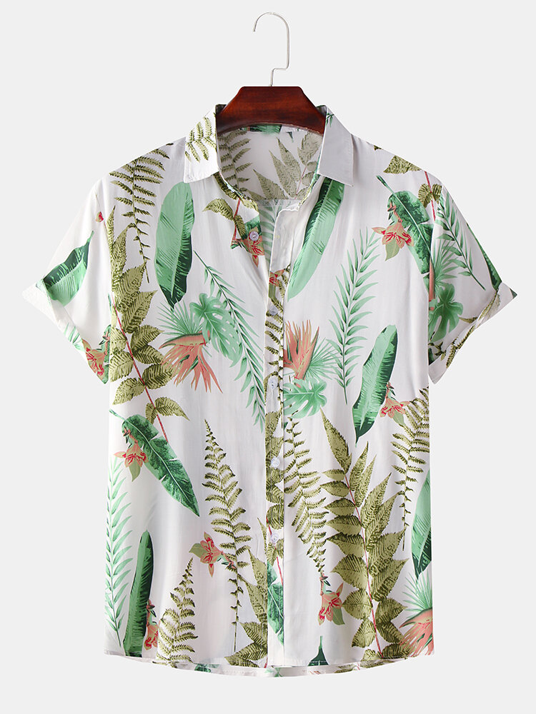 

Men Tropical Plant Leaves Print Turn Down Collar Hawaii Beach Short Sleeve Shirts