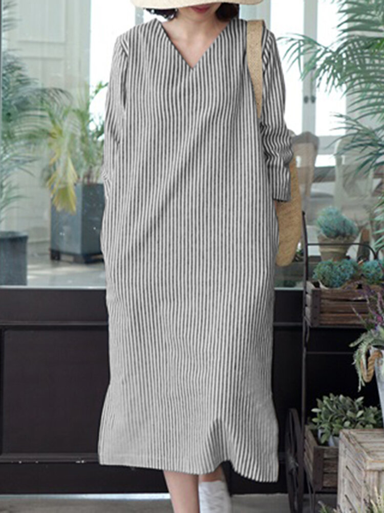 

Stripe Print Slit Hem Pocket V-neck Dress
