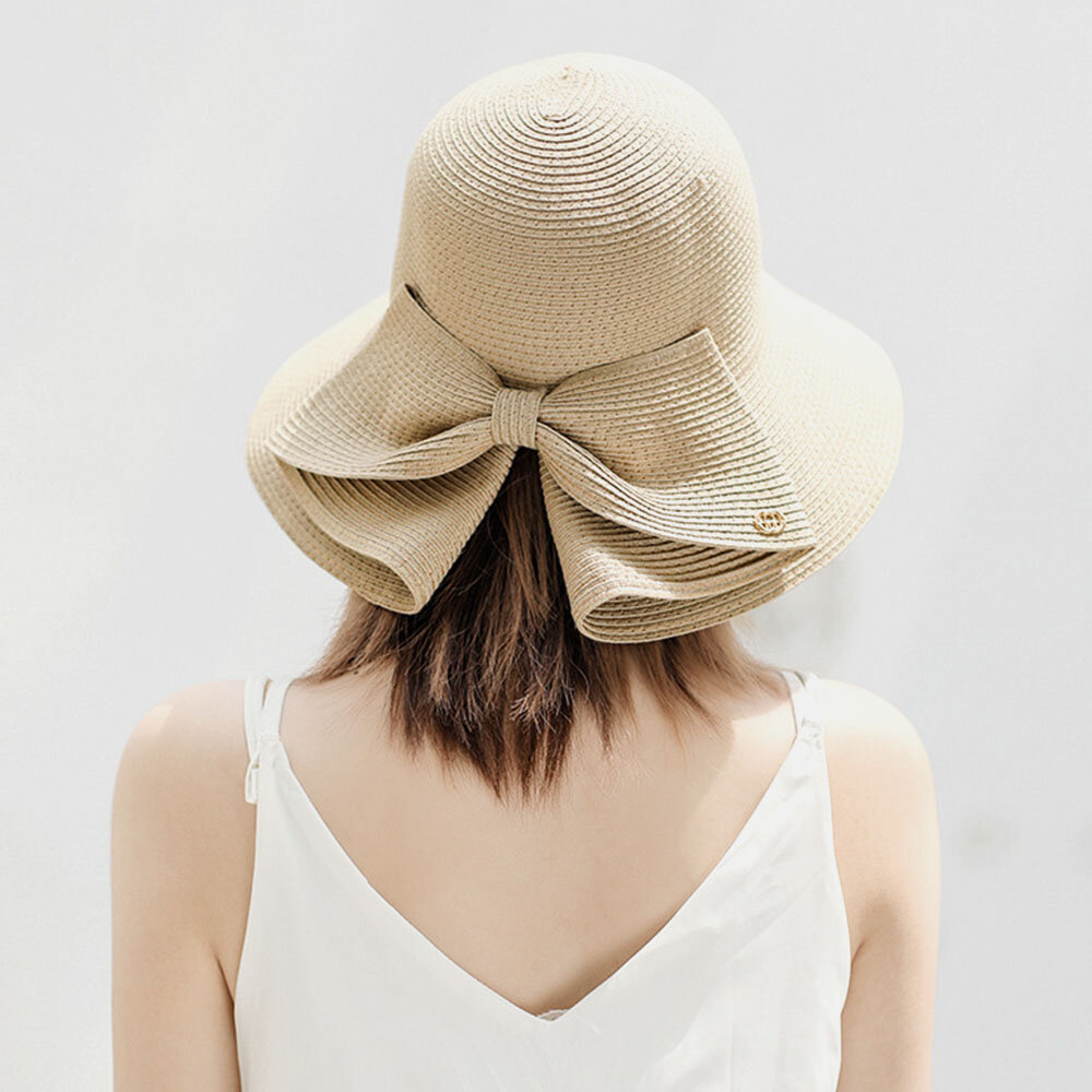 Women Foldable Rear Split Design Bow Straw Hat Adjustable Breathable Summer Casual Wild Sunshade Buc