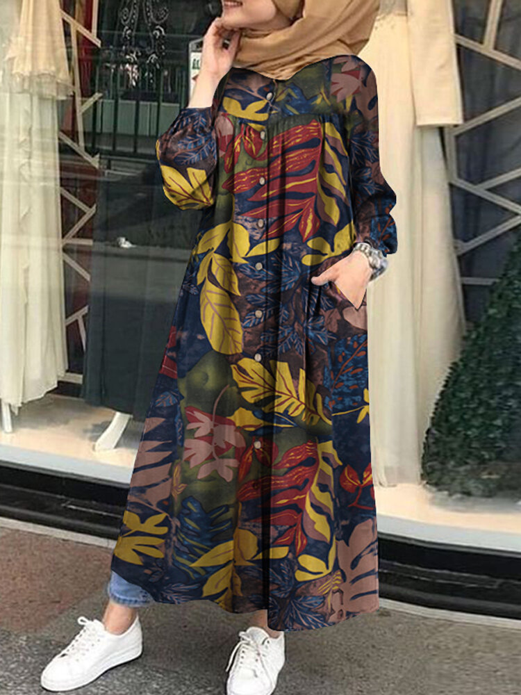 

Women Retro Floral Leaves Print Button Down Long Sleeve Maxi Shirt Dress With Pocket